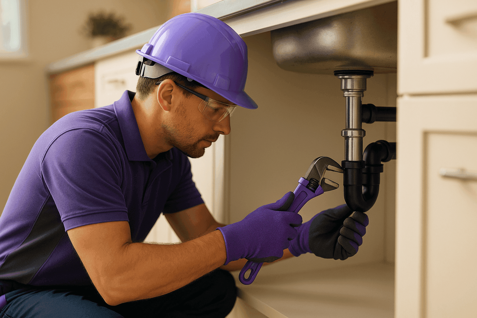 Professional plumber wearing PPE working on pipe under sink in clean residential kitchen